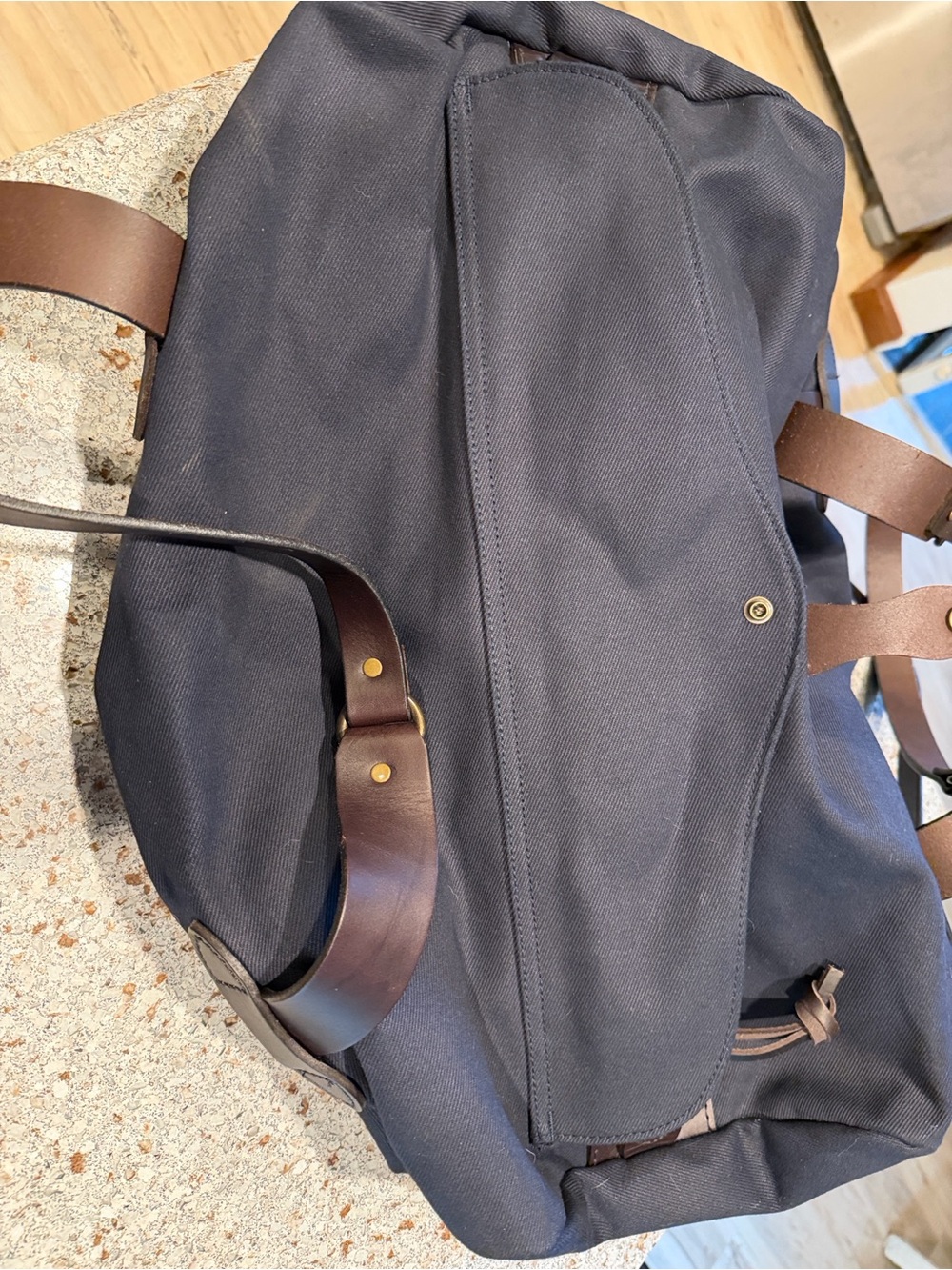 Filson Navy Duffel Bag with Brown Leather Trim and Brass Hardware - Picture 2 of 5